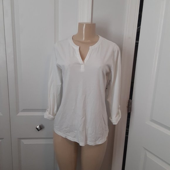 Charter Club Split Neck Bright White 100% Supima Cotton Top Roll Tab - Picture 4 of 10